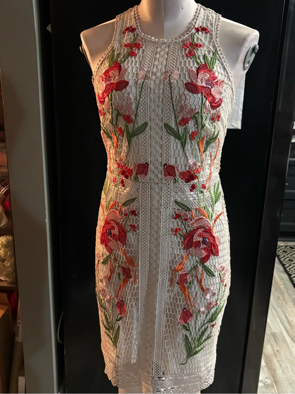 Karen Millen Cream Lace Mini Dress with Red Floral Embroidery